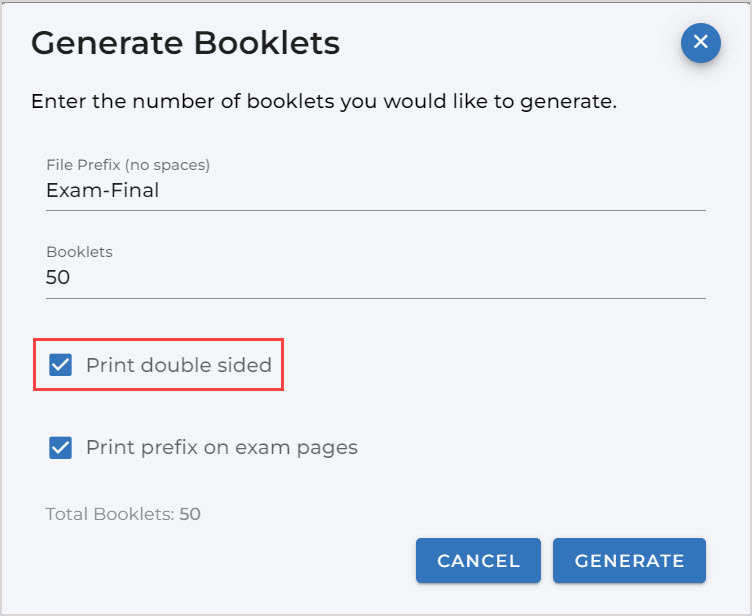 In the Generate Booklets dialog menu, the Print double sided checkbox is ticked.